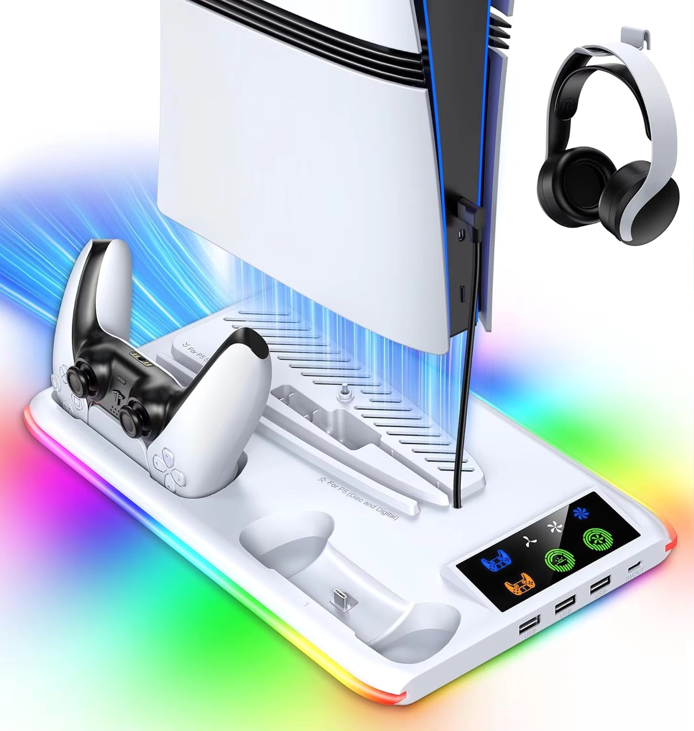 PS5 Cooling Stand & Dual Controller Charging Station for PS5 Slim / Pro / Disc – 3-Speed Fan & LED Dock