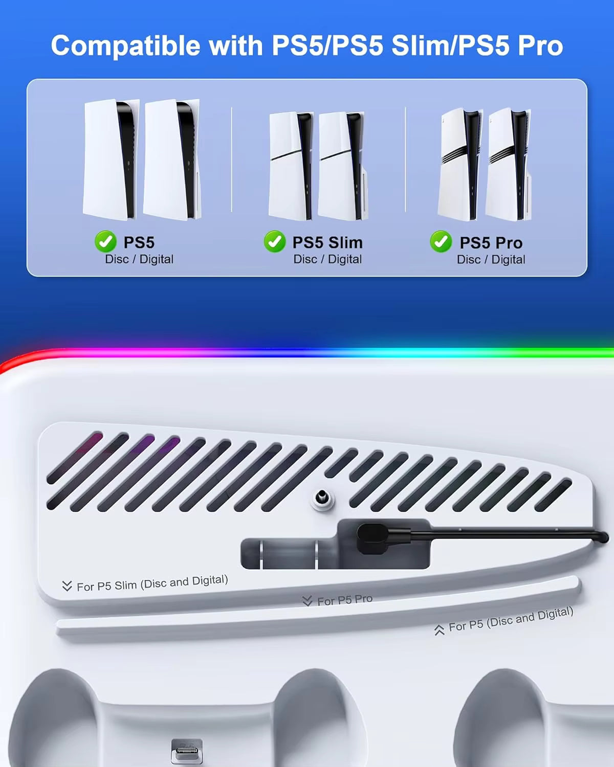 PS5 Cooling Stand & Dual Controller Charging Station for PS5 Slim / Pro / Disc – 3-Speed Fan & LED Dock