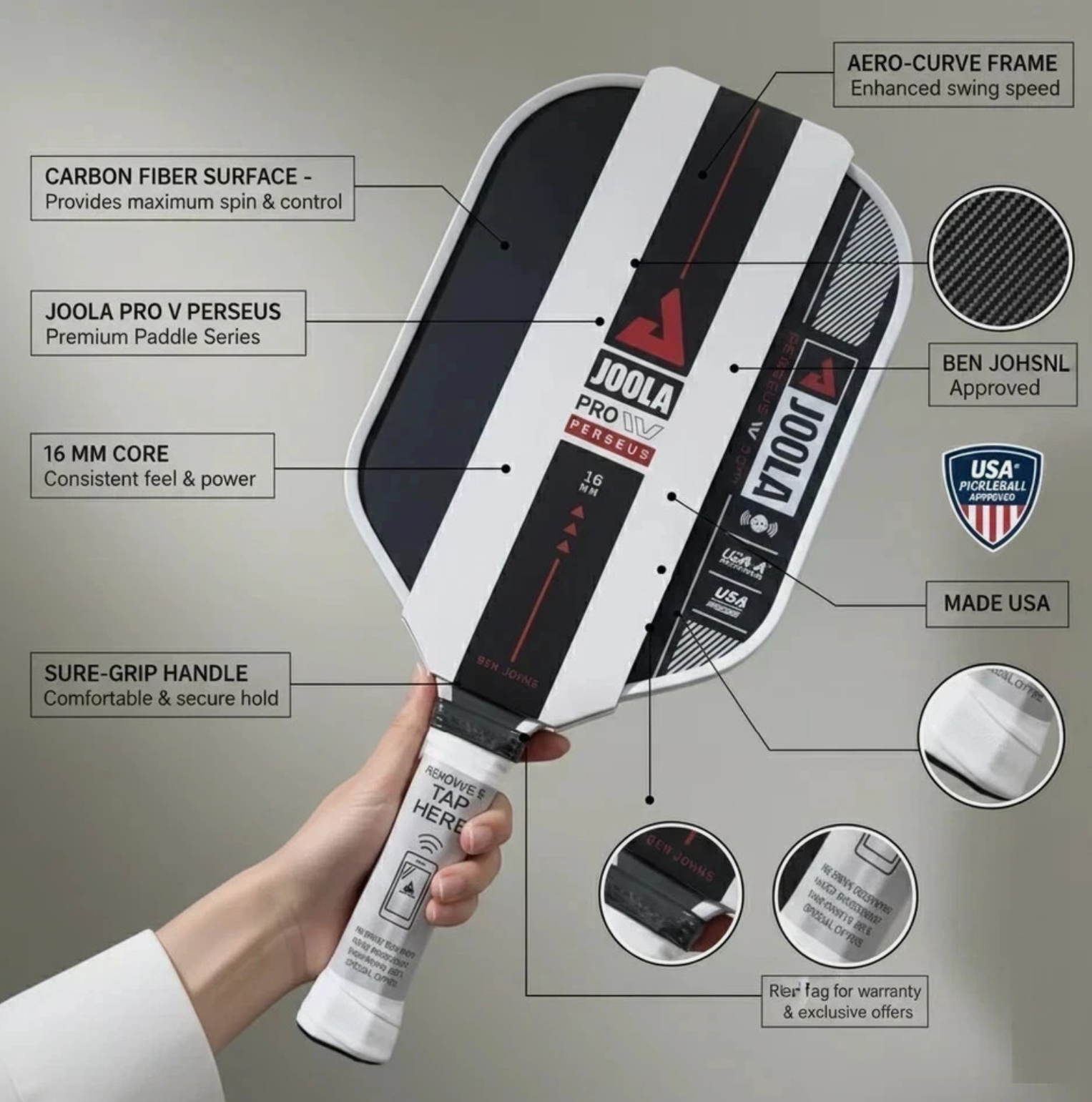 JOOLA Perseus Ben Johns Pro IV 16mm Pickleball Paddle-Gen