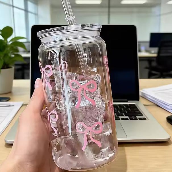 Iced Coffee Cup | Cute Ribbon Glass Cup | 1 Pack Portable Drinkware