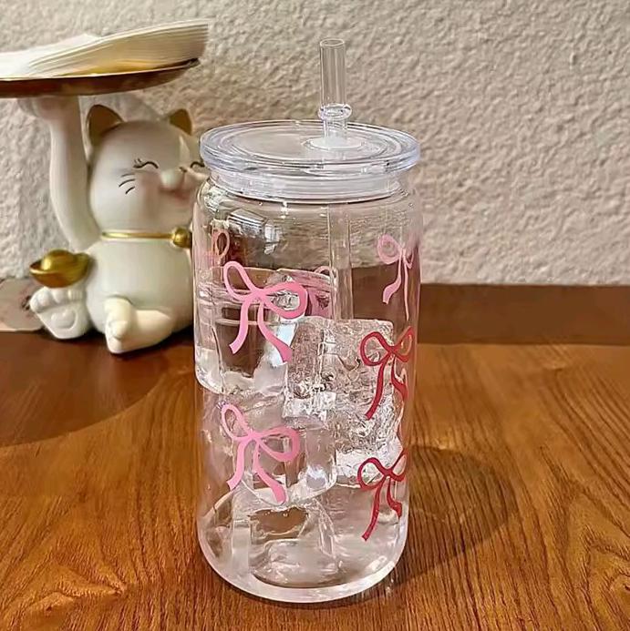 Iced Coffee Cup | Cute Ribbon Glass Cup | 1 Pack Portable Drinkware