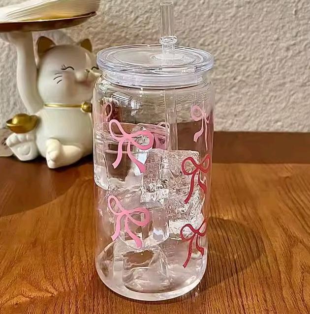 Iced Coffee Cup | Cute Ribbon Glass Cup | 1 Pack Portable Drinkware