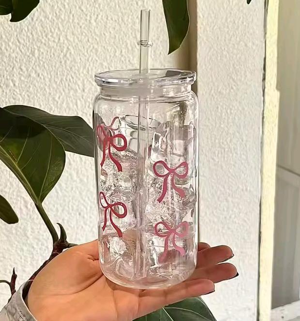 Iced Coffee Cup | Cute Ribbon Glass Cup | 1 Pack Portable Drinkware