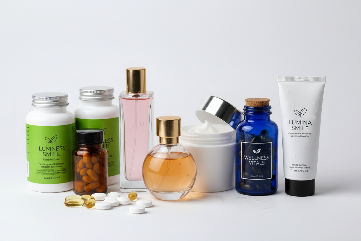 Product display with vitamin supplements, perfumes, cream and paste
